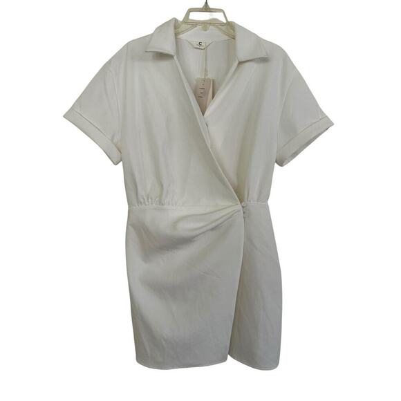 NWT Commense Womens Collared Cuffed Sleeve Button Wrap Short Dress White Medium - Picture 2 of 10